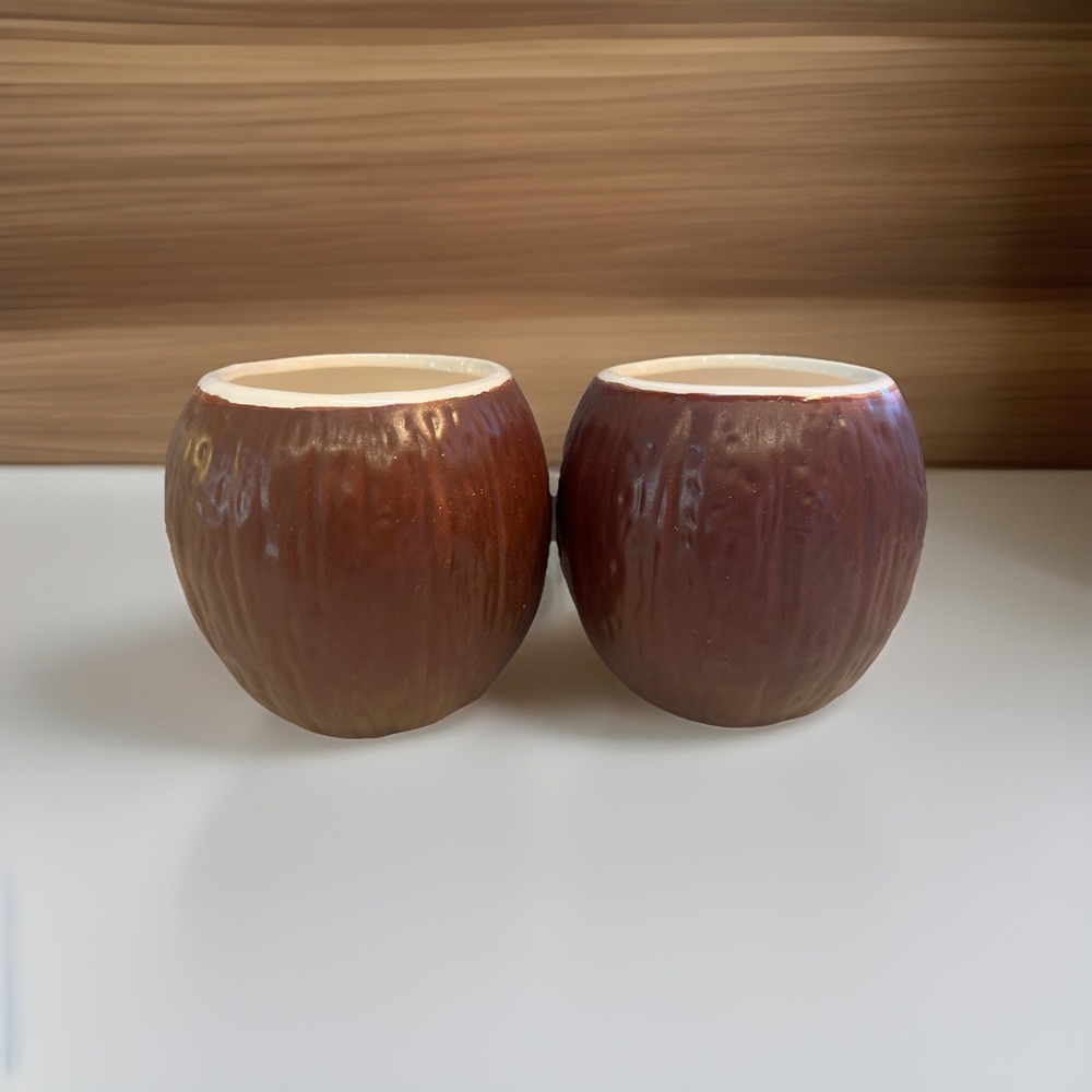 Set Of Two Orchids of Hawaii Tiki Ceramic Coconut Shell Mugs Cups Vintage R-13A